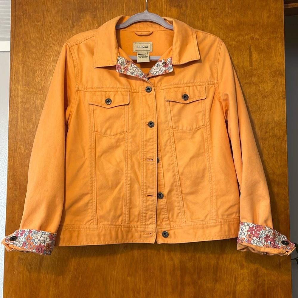 L.L. Bean Orange Cotton Jean Jacket with Floral Trim Accents